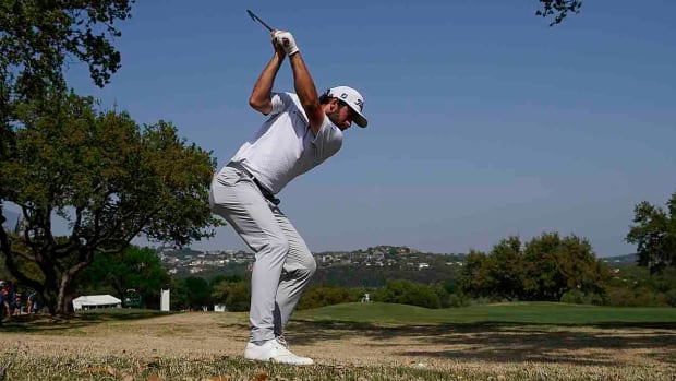 Cam Young is pictured hitting a shot at the 2023 WGC-Dell Match Play.
